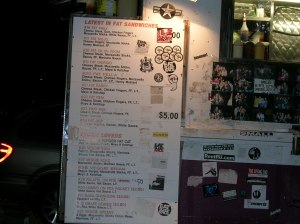The menu of a Grease Truck.  Note the absense of little red hearts indicating the health-friendly items.